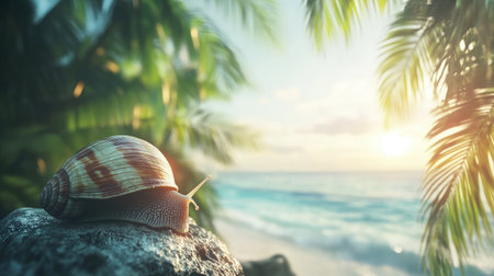 A tranquil scene featuring a snail resting on a rock by the seashore, surrounded by palm leaves and a stunning sunset over the ocean, evoking a peaceful tropical atmosphere.の素材