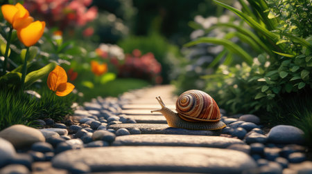 A charming scene showcasing a snail leisurely moving along a stone pathway, bordered by colorful flowers and lush greenery, exuding a peaceful garden atmosphere.の素材