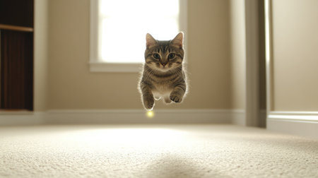 A lively domestic cat leaps gracefully in a cozy room, with sunshine filtering through the window, capturing the essence of playfulness and curiosity.の素材
