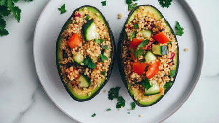 Enjoy a healthy and flavorful dish featuring quinoa-stuffed avocado halves adorned with fresh vegetables and herbs, perfect for clean eating and meal preparation.の素材