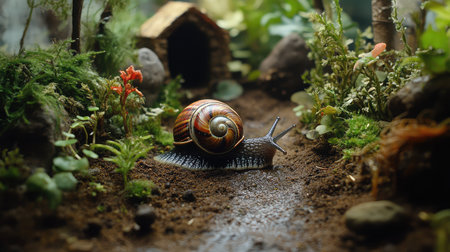 A vivid close-up image of a snail gracefully traversing a miniature garden filled with vibrant plants, stones, and natural elements, showcasing the beauty of nature.の素材