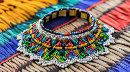 Close-up view of a beautifully crafted beaded necklace resting on a colorful textile, highlighting the vibrant colors and intricate patterns that reflect cultural artistry and traditions.の素材