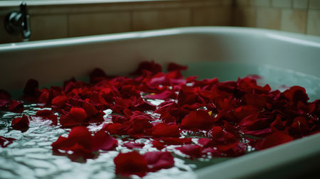 A tranquil bathroom scene showcasing a bathtub filled with clear water and scattered red rose petals, creating a serene atmosphere perfect for relaxation and romantic moments.の素材