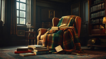 A warm and inviting reading nook featuring a vintage armchair draped with a cozy blanket, surrounded by stacks of books, creating a perfect ambiance for relaxation and literary enjoyment.の素材