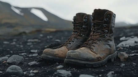 This image showcases a pair of weathered hiking boots resting on rocky terrain, reflecting the spirit of adventure and the beauty of nature's rugged landscapes.の素材