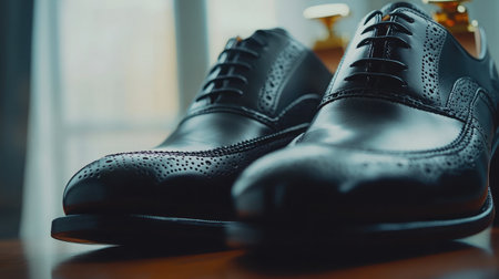 A close-up view of elegant black leather dress shoes resting on a wooden table, showcasing luxurious craftsmanship and refined style in soft natural light.の素材