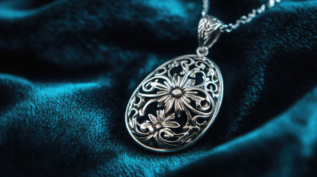 Discover the beauty of this silver floral pendant delicately resting on lush teal fabric, showcasing intricate craftsmanship and elegance. Perfect for jewelry collectors and fashion lovers.の素材