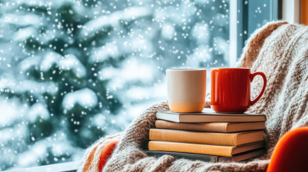 A warm and inviting winter scene featuring two mugs and a stack of books by a snowy window, creating a perfect atmosphere for relaxation and comfort during chilly days.の素材