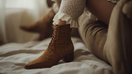 A close-up of a stylish brown suede ankle boot on a cozy couch, showcasing its lace-up detail. Natural light creates a warm and inviting atmosphere, perfect for fashion lovers.の素材
