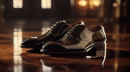 This image features an exquisite pair of polished leather shoes sitting on a beautifully illuminated wooden floor, ideal for showcasing fashion elegance and premium craftsmanship in photography.の素材