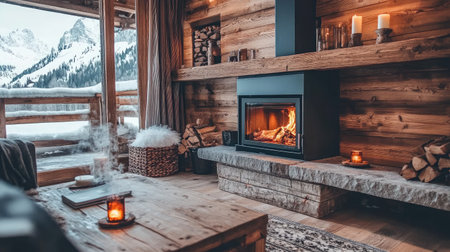 A cozy mountain cabin interior featuring a warm fireplace, wooden decor, and a stunning snowy view, creating the perfect winter relaxation retreat and inviting ambiance.の素材