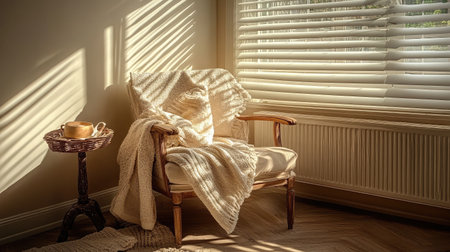 A cozy indoor corner bathed in warm light, featuring an inviting chair, soft textiles, and beautiful shadows creating a tranquil atmosphere perfect for relaxation.の素材