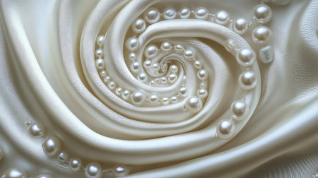This image showcases a beautiful arrangement of creamy satin fabric intertwined with glossy pearls, creating an elegant and luxurious effect ideal for fashion and decor projects.の素材