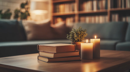 An inviting living room scene featuring stacked books, candles glowing softly, and a potted plant, perfect for creating a warm atmosphere ideal for relaxation and reading.の素材