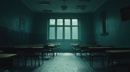 A captivating and atmospheric image of an empty classroom, showcasing darkness and natural light casting shadows, evoking feelings of solitude and mystery in an abandoned setting.の素材