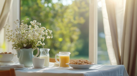 A beautifully arranged breakfast scene featuring a table adorned with fresh flowers, healthy snacks, and refreshing juice, illuminated by natural sunlight for a warm and inviting atmosphere.の素材