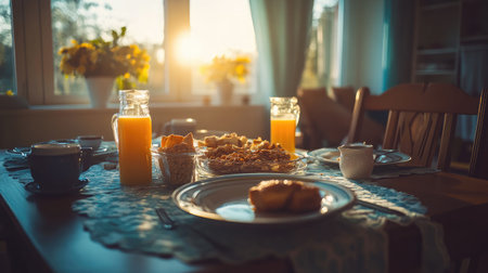 A serene breakfast setting with fresh pastries and orange juice, bathed in warm sunlight, perfect for cozy morning gatherings with family and friends.の素材