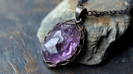 A stunning amethyst pendant hangs gracefully on a chain against a textured stone background, highlighting the exquisite details and elegant charm of unique jewelry design.の素材
