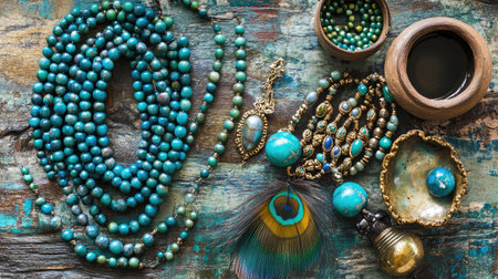 Stunning turquoise jewelry collection arranged on a rustic surface, featuring elegant beads, necklaces, and intricate earrings that showcase vibrant artistic design and craftsmanship.の素材