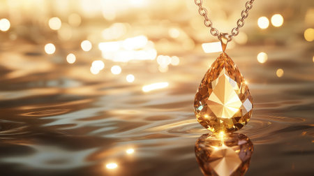 A dazzling drop-shaped golden gemstone necklace shines beautifully against a serene water background, showcasing sparkling reflections and an artistic composition that exudes elegance.の素材
