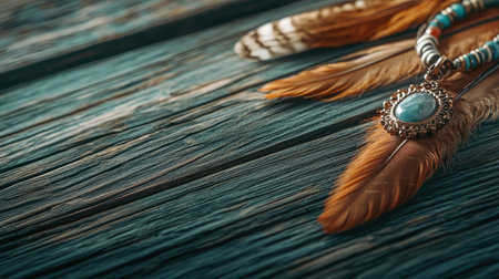 Explore a beautiful bohemian necklace featuring a turquoise pendant and feathers, artfully arranged on a rustic wooden background, capturing unique craftsmanship.の素材