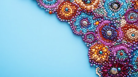 A vibrant arrangement of colorful beads in various shapes and sizes against a soft blue background, perfect for showcasing creativity and artistic expression in craft projects.の素材