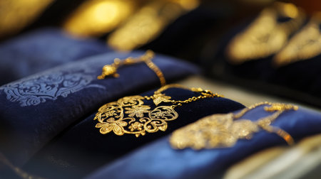 An exquisite collection of gold jewelry elegantly displayed on rich velvet, showcasing intricate designs and exceptional craftsmanship that captivates the eye.の素材