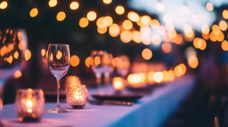 A beautifully arranged outdoor dining table at dusk, adorned with glowing string lights and soft candlelight, creating an inviting and romantic atmosphere for gatherings.の素材