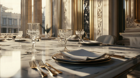 Stunning view of an elegant dining table set in an opulent space, featuring exquisite crystal glassware and beautiful tableware, perfect for luxury event themes.の素材