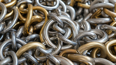 A detailed view of intertwined metallic rings in silver, gold, and bronze finishes, highlighting their unique textures and colors, ideal for creative projects and industrial applications.の素材