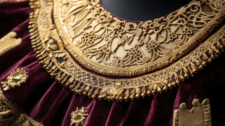 Stunning close-up of a rich burgundy fabric adorned with intricate gold embroidery, highlighting exquisite craftsmanship and artistic detail in textile design.の素材