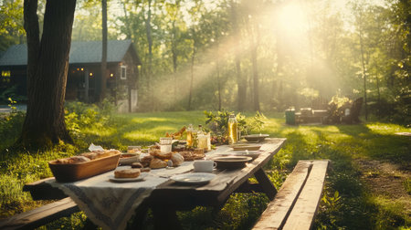A beautifully arranged outdoor breakfast table nestled in the forest, bathed in soft sunlight, creating a perfect atmosphere for a delightful morning with loved ones.の素材