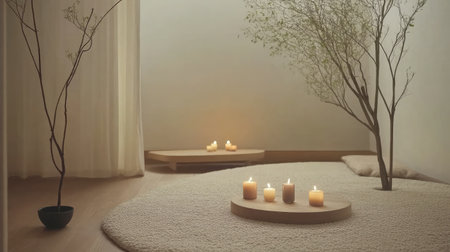 A serene indoor setting featuring soft lighting, glowing candles, and natural elements creates a perfect atmosphere for relaxation and mindfulness practices.の素材