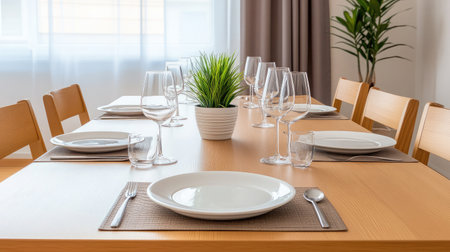 A beautifully arranged dining table featuring glassware, plates, and a charming plant centerpiece in a modern setting, perfect for any meal occasion.の素材