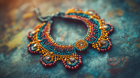 A stunning handmade beaded necklace showcasing intricate craftsmanship and vibrant colors, beautifully displayed on a rustic surface, ideal for fashion and jewelry lovers.の素材