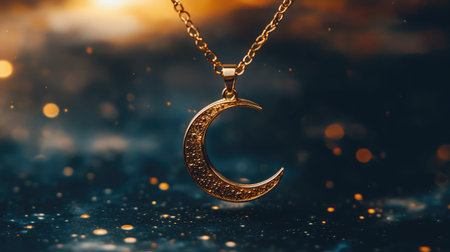 A stunning gold crescent moon pendant necklace featuring intricate sparkling details. Captured against a dreamy bokeh background that enhances its elegance and charm.の素材