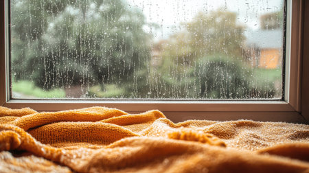 A cozy scene featuring a soft blanket draped on a surface, viewed through a rain-soaked window, creating a warm and peaceful atmosphere perfect for relaxation.の素材