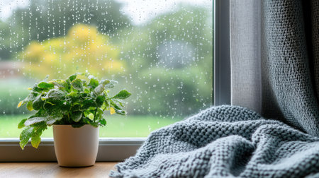 A serene indoor setting featuring a potted plant by a window with raindrops, creating a soothing atmosphere of comfort and tranquility amidst nature.の素材