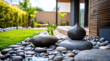 A tranquil garden scene showcasing decorative stones, gentle water flow, and lush green grass, ideal for relaxation and peaceful outdoor living in a contemporary setting.の素材
