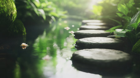 A serene stone pathway traverses through vibrant green foliage by still water, illuminated by soft light, inviting peace and tranquility amidst nature's beauty.の素材