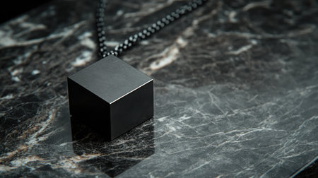 A striking black cube pendant necklace rests elegantly on a polished marble surface, showcasing its sleek design and modern appeal for fashion enthusiasts and jewelry lovers.の素材