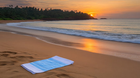 Enjoy a tranquil sunset scene on a tropical beach, featuring a soft sandy shore with gentle waves lapping. A beach towel invites relaxation amidst nature's beauty.の素材