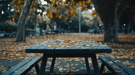 A tranquil autumn scene features a wooden picnic table surrounded by fallen leaves, highlighting the beauty of nature in a peaceful park during the fall season.の素材