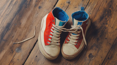 Capture the essence of vintage style with these red and blue sneakers resting on a rustic wooden floor, showcasing untied laces and a casual, relaxed vibe ideal for lifestyle photography.の素材