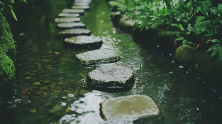 A serene garden pathway made of smooth stones leading across clear water, surrounded by lush green foliage, creating a peaceful outdoor retreat for relaxation and reflection.の素材