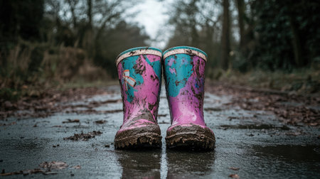 Vibrant rubber boots stand in a muddy puddle, capturing the essence of playful outdoor adventures in nature's serene landscape during a rainy day.の素材