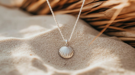 Beautiful silver shell pendant necklace resting on soft sandy beach, symbolizing summer elegance and natural charm, perfect for adding a stylish touch to any outfit.の素材