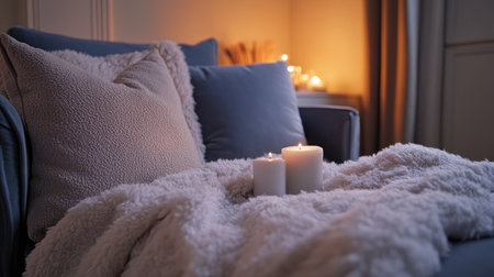 This inviting living room scene features soft textures, candles, and warm ambient lighting, creating a perfect setting for relaxation and comfort at home.の素材