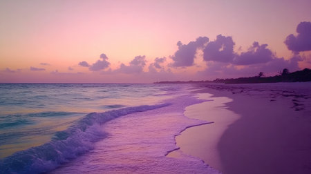 A breathtaking sunset paints the sky in vibrant hues above a tranquil beach. Gentle waves lap against the soft sand, creating a serene atmosphere perfect for relaxation.の素材