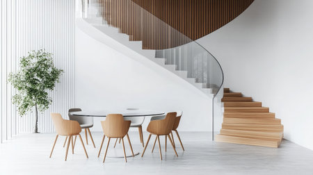 A bright and airy modern interior featuring a curved staircase, wooden chairs around a round table, and an indoor plant, creating a serene and stylish atmosphere.の素材